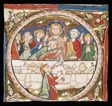 Buchmalerei: Miniatur mit dem letzten Abendmahl im Medaillon,  Illustration einer liturgischen Handschrift, ausgeschnitten aus einem Graduale (Choralbuch für den liturgischen Wechselgesang)aus dem Dominikanerinnenkloster St. Katharinental bei Diessenhofen